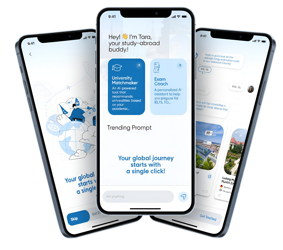 Livio AI mobile experience - featuring Tara.AI study abroad assistant